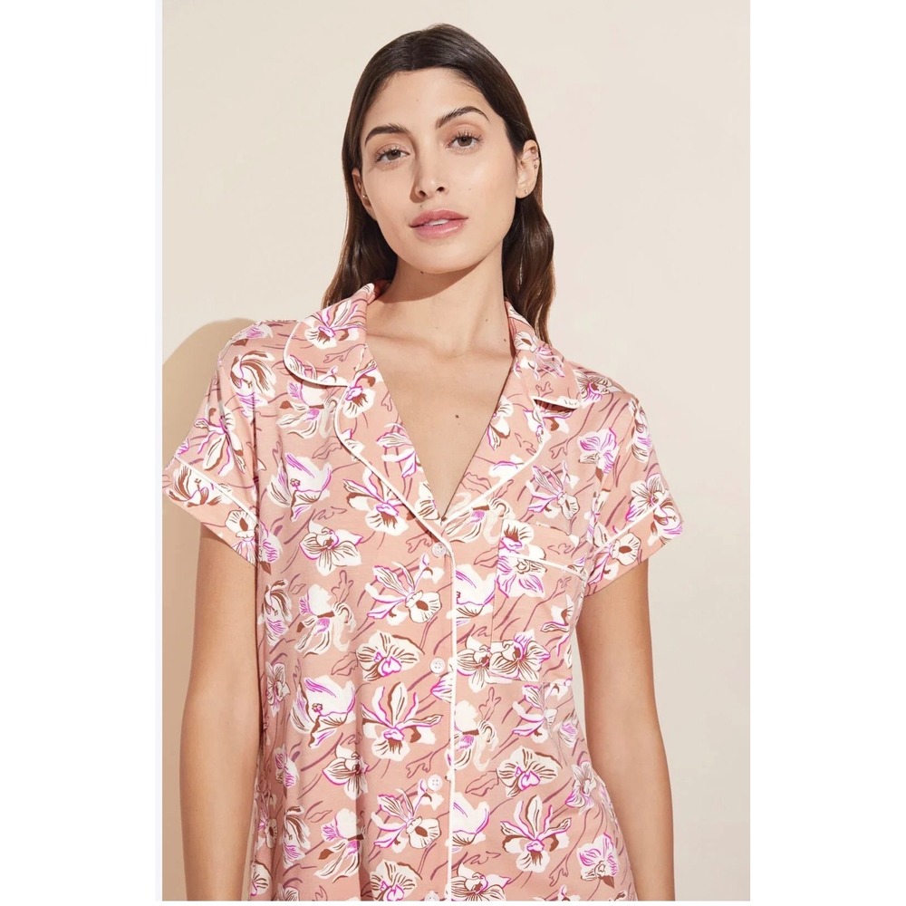 Eberjey Gisele Pajama Top XS Pink Floral Orchid Tencel Modal Short Sleeve Shirt